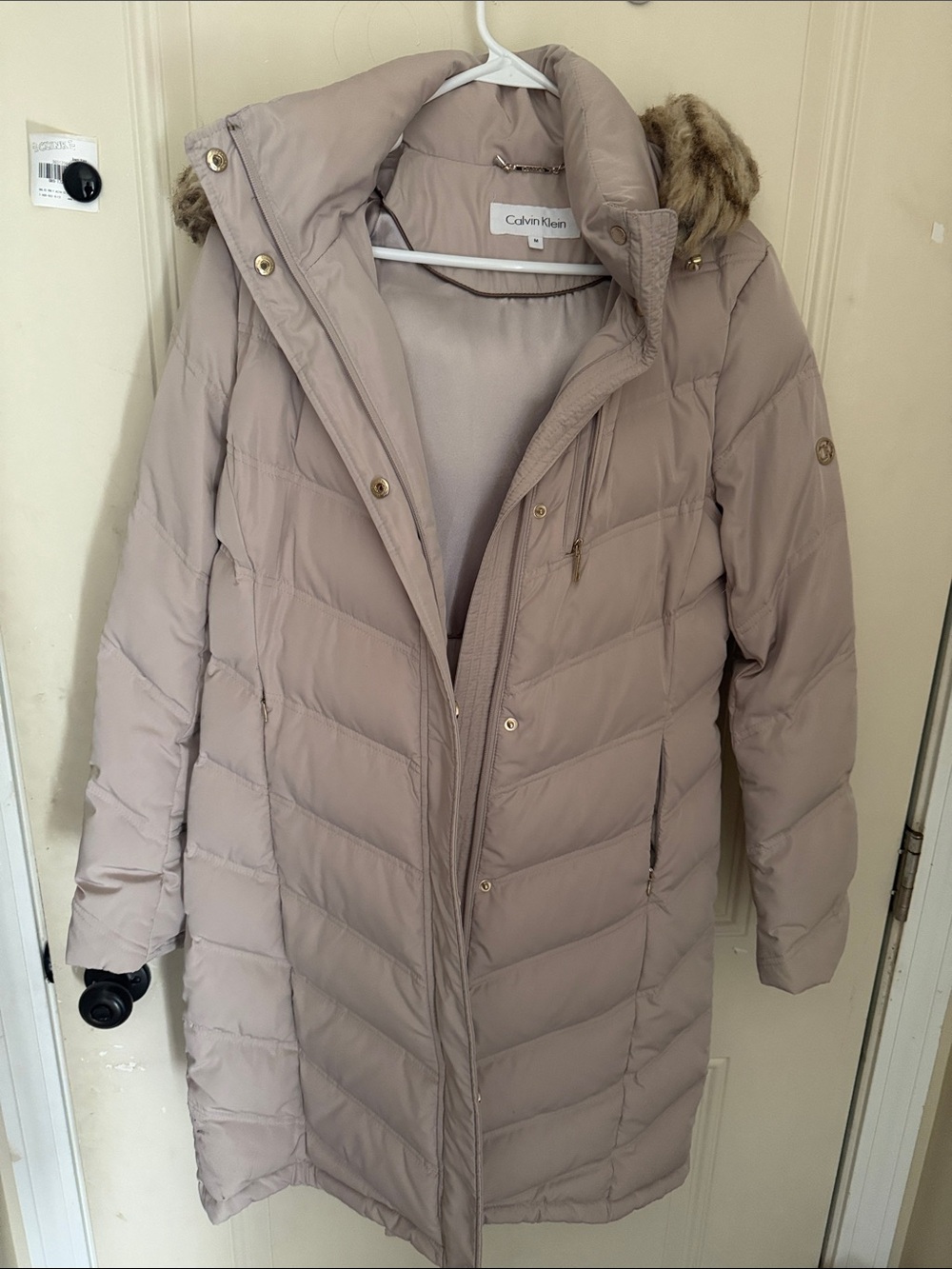 Calvin Klein Taupe Long Quilted Puffer Coat with Faux Fur Trim